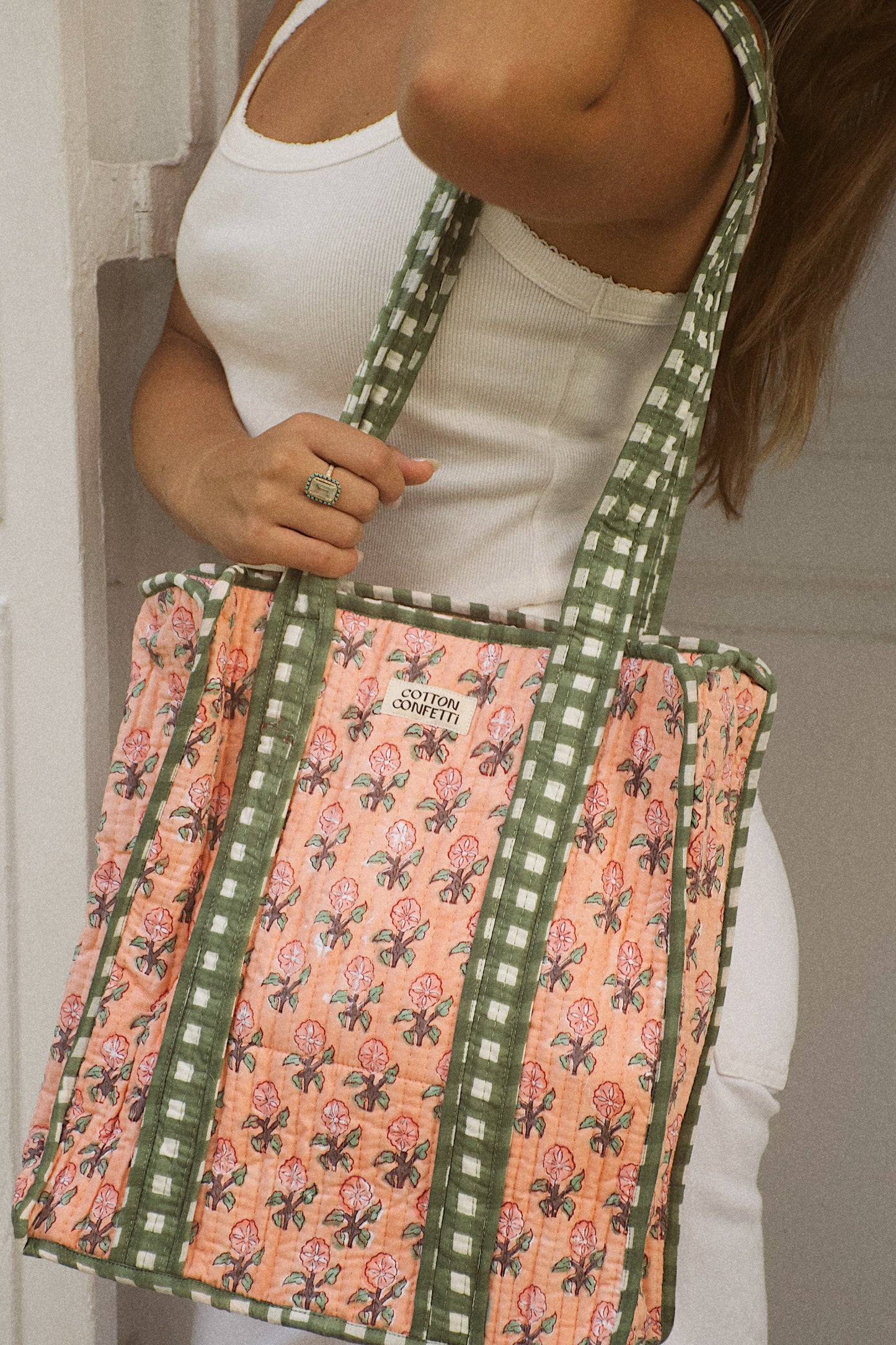 Peach Gingham Tote